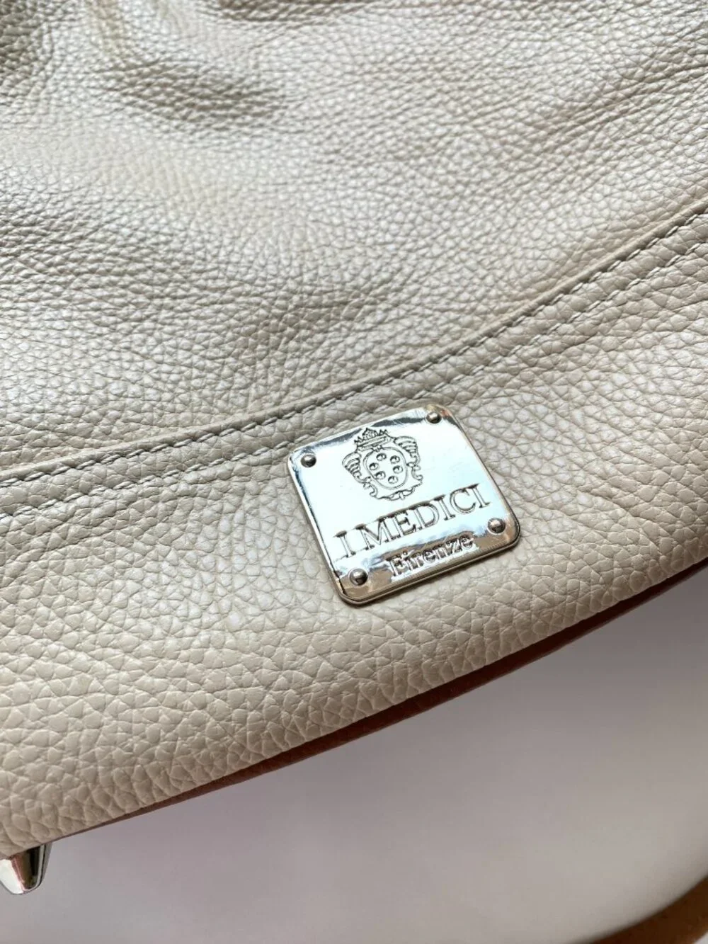 I Medici Firenze Leather Ivory Brown Convertible Hobo Shoulder Bag Made in Italy